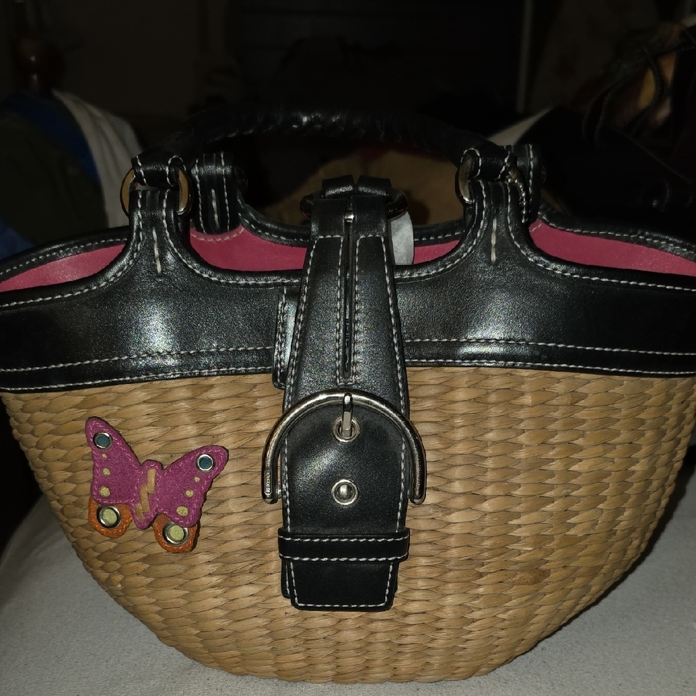 Coach 6270 Straw Butterfly Embellished Straw Tote With Black Leather Trim